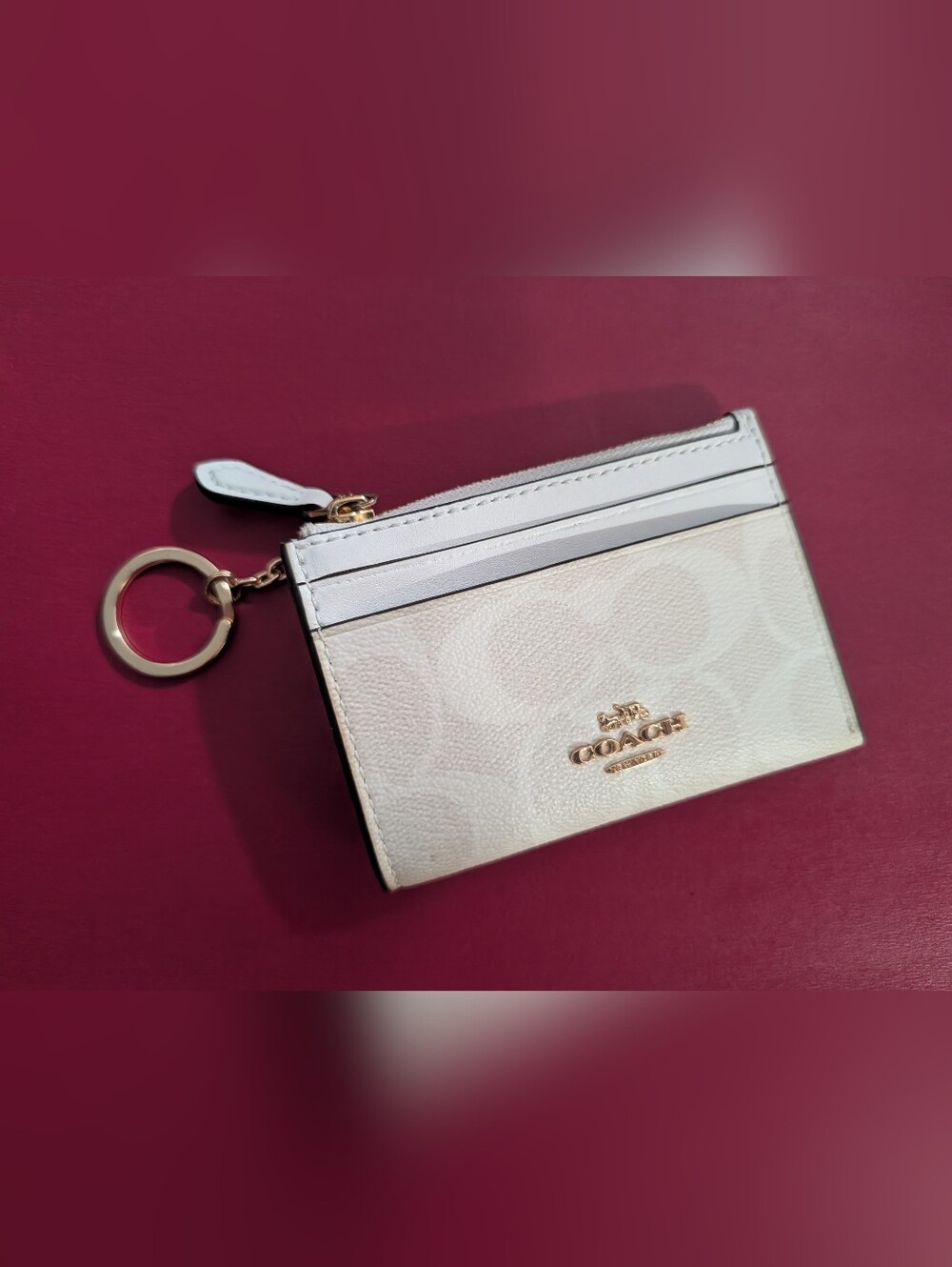 Coach Mini Card Case with Key Ring, White Signature Logo, Everyday Use